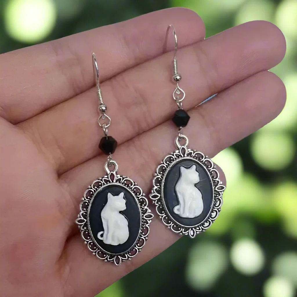 Vintage White Cat Drop Earrings | Silver Frame Jewelry for Women