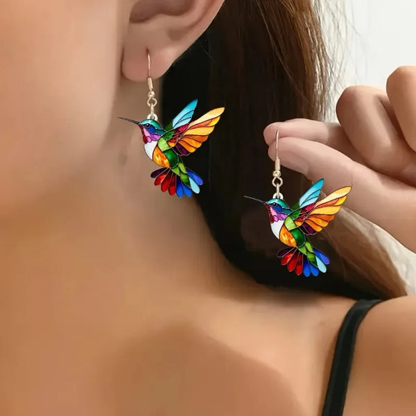 Acrylic Hummingbird Dangle Earrings | Bright 2D Bird Design