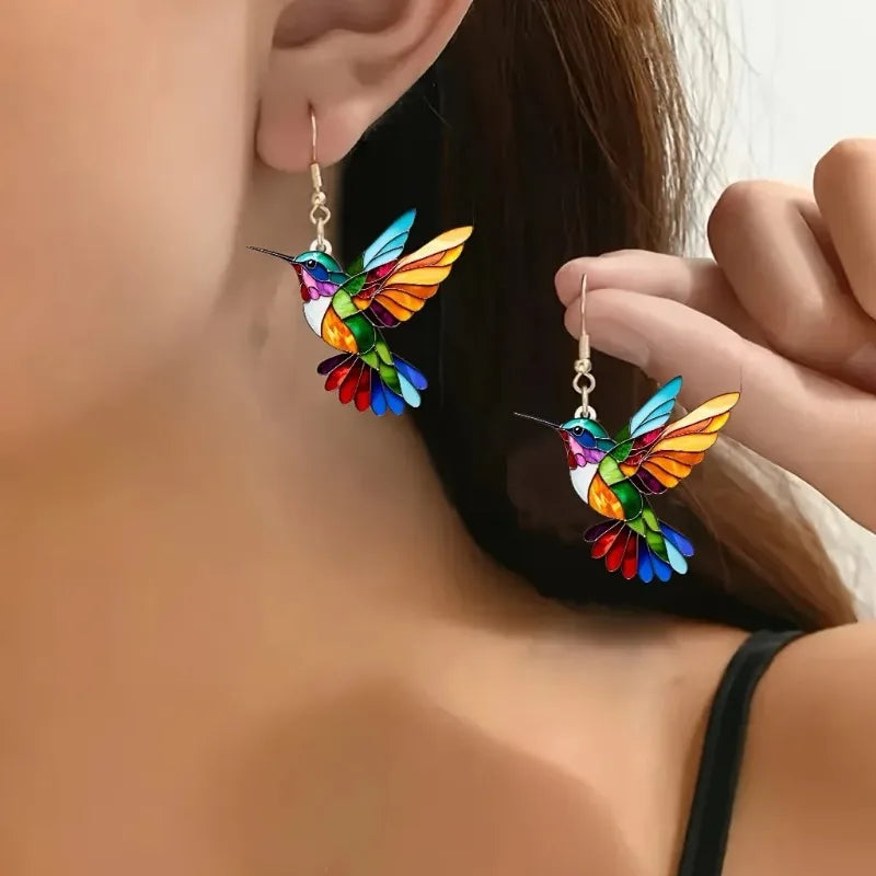 Acrylic Hummingbird Dangle Earrings | Bright 2D Bird Design