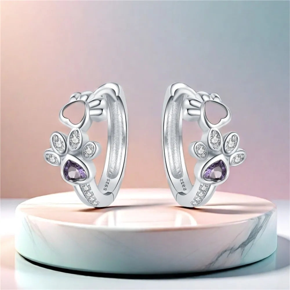 Paw Huggie Earrings in 925 Sterling Silver | With Zirconia and Heart Gem