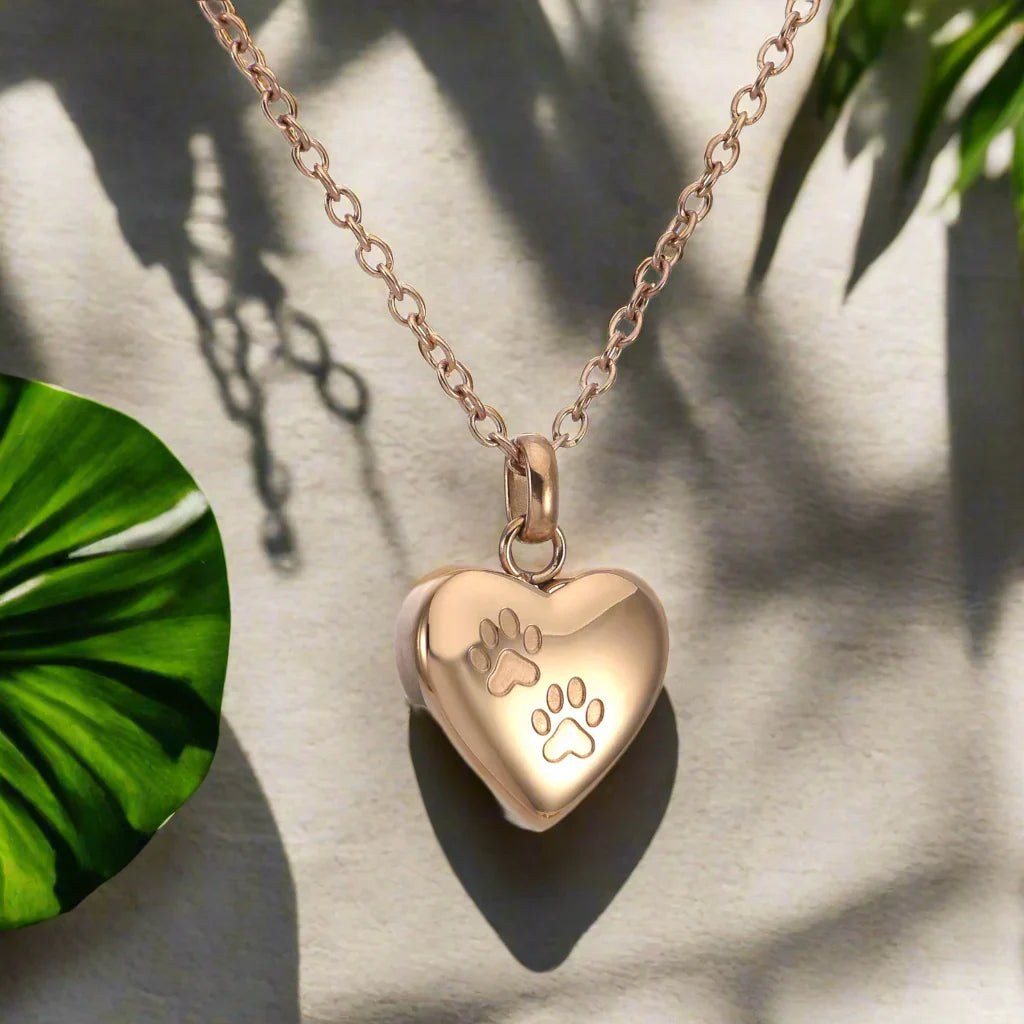 Pet Memorial Urn Necklace | Heart-Shaped Pendant with Paw Engraving