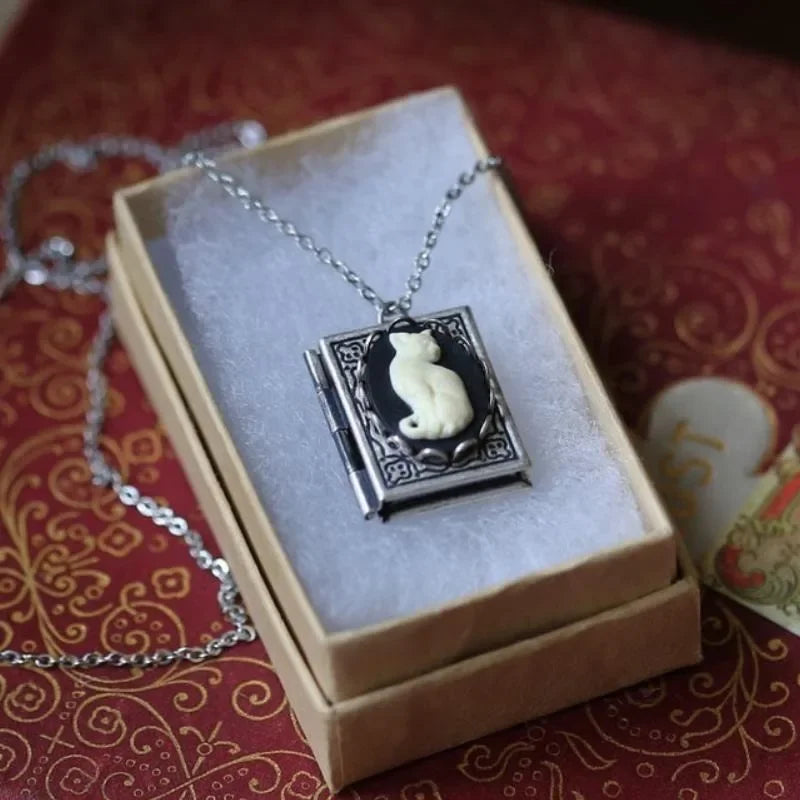 Vintage Cat Book Pendant Necklace ,  Rotating Page Design