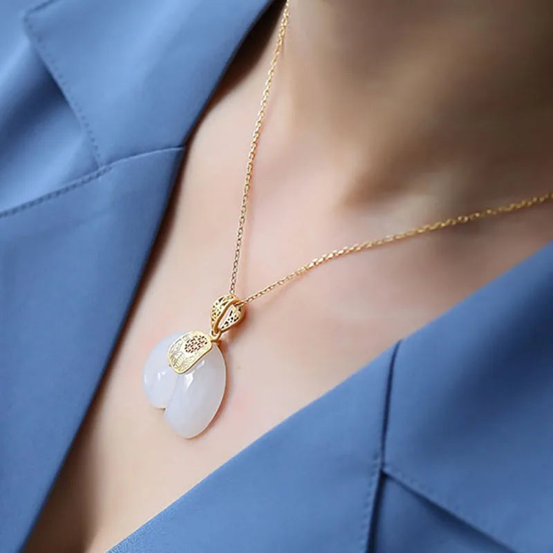 Hetian Jade Elephant Pendant Necklace | 18K Gold Plated Chain for Women