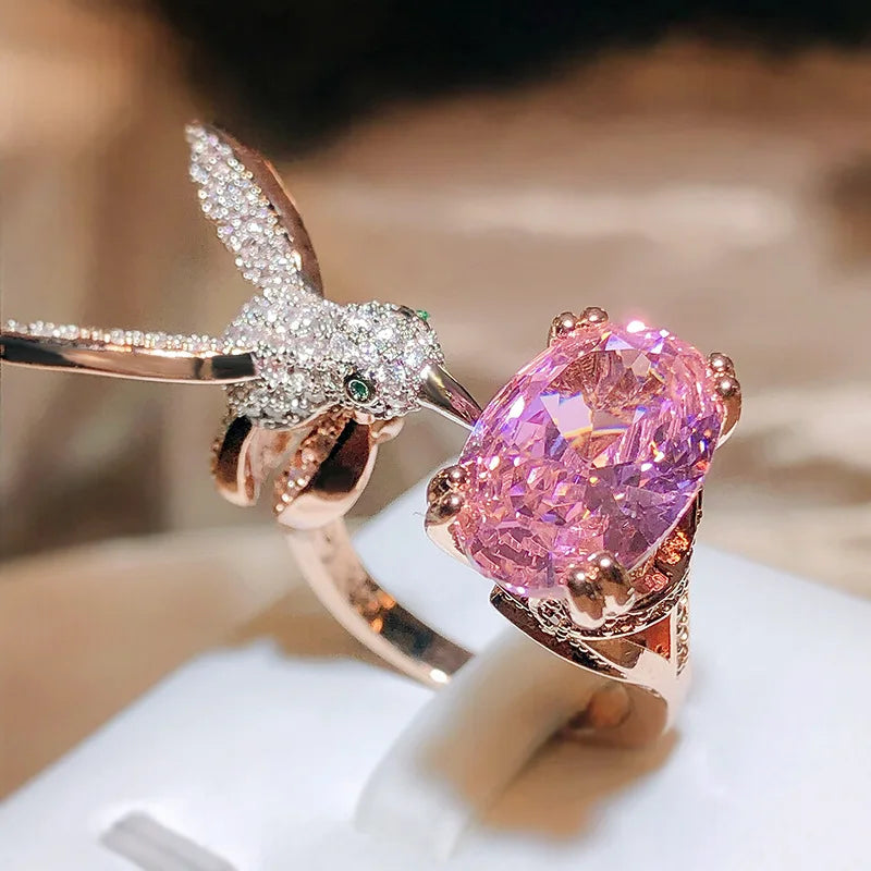 Adjustable Hummingbird Gemstone Ring | Zircon, 14K Gold Plated