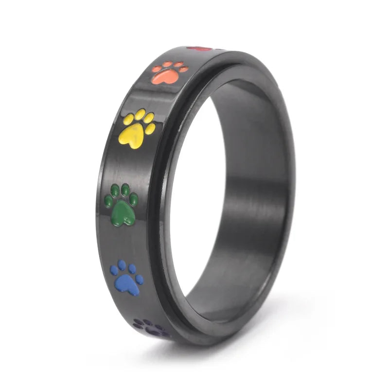 Spinning Stress Reducing Paw Ring | Stainless Steel with Rainbow Paws
