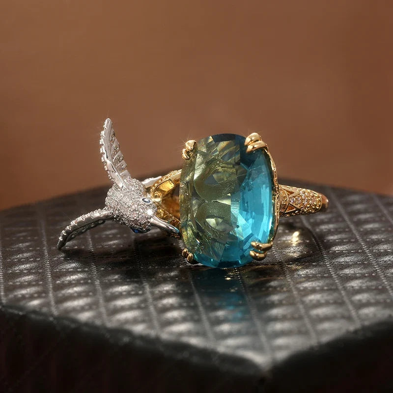 Adjustable Aquamarine-Color Hummingbird Ring | 14K Gold Plated