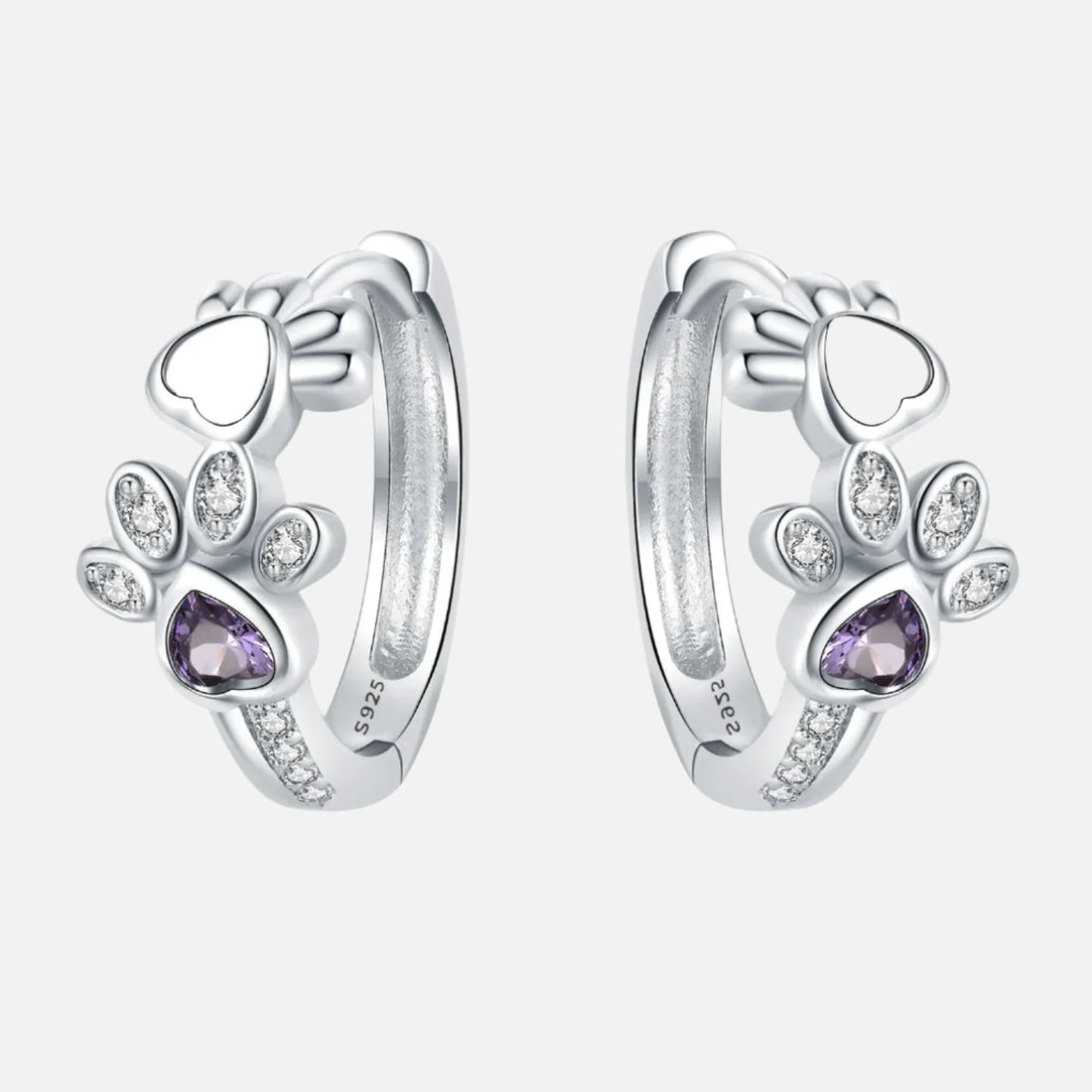 Paw Huggie Earrings in 925 Sterling Silver | With Zirconia and Heart Gem