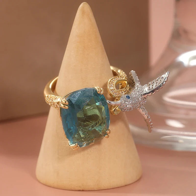 Adjustable Aquamarine-Color Hummingbird Ring | 14K Gold Plated