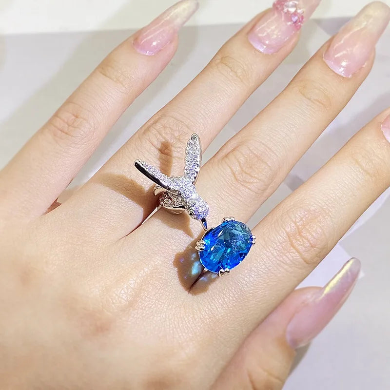 Adjustable Hummingbird Gemstone Ring | Zircon, 14K Gold Plated