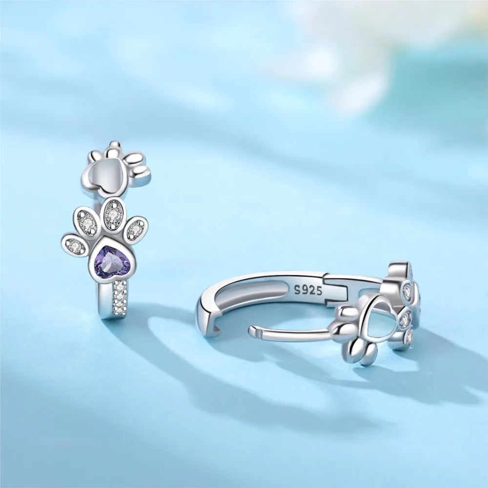 Paw Huggie Earrings in 925 Sterling Silver | With Zirconia and Heart Gem