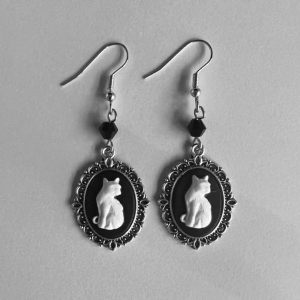 Vintage White Cat Drop Earrings | Silver Frame Jewelry for Women