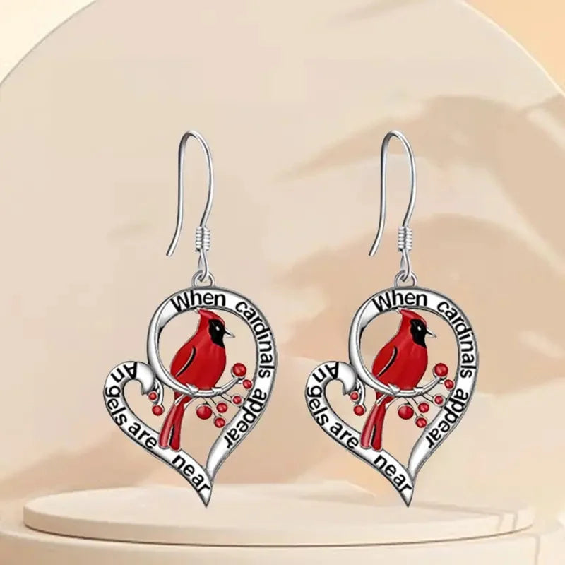 Cardinal Memorial Earrings | “When Cardinals Appear, Angels Are Near” Heart Drop Design