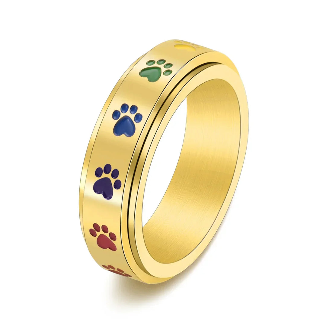Spinning Stress Reducing Paw Ring | Stainless Steel with Rainbow Paws