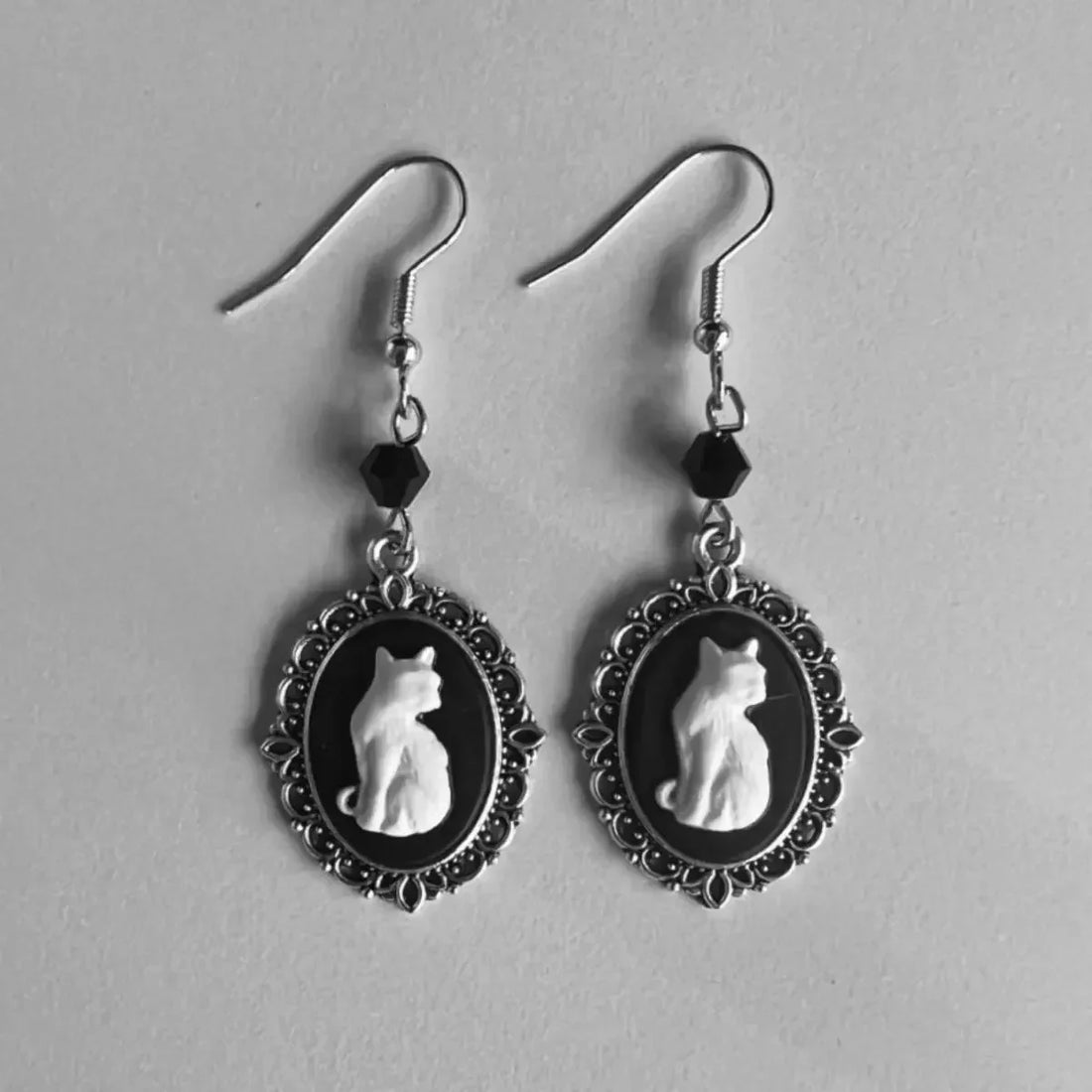 Vintage White Cat Drop Earrings | Silver Frame Jewelry for Women