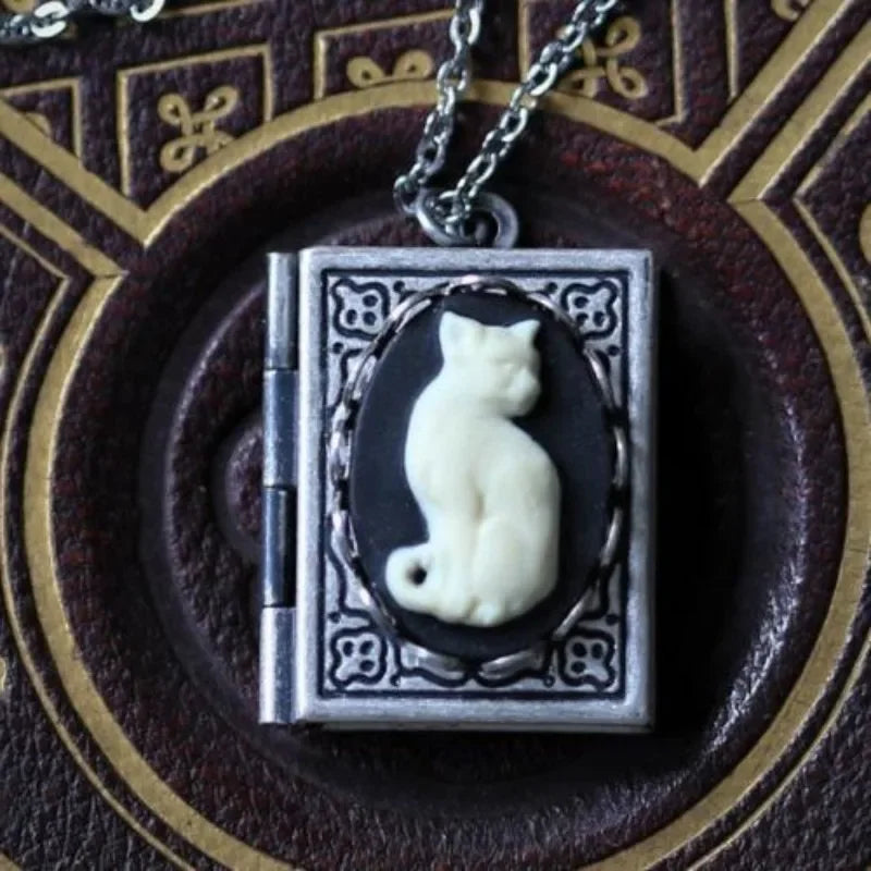Vintage Cat Book Pendant Necklace ,  Rotating Page Design