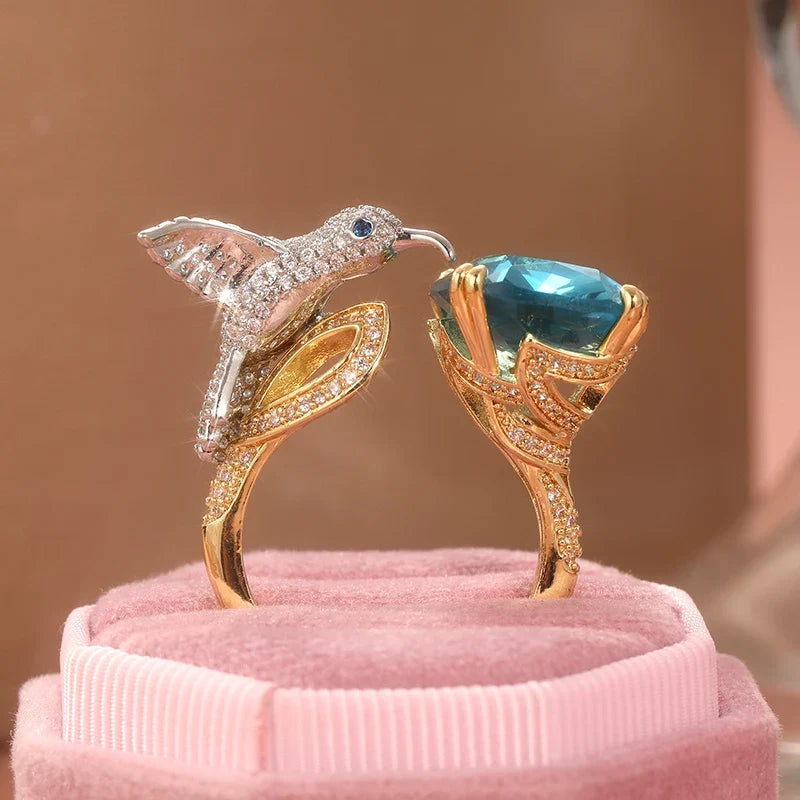 Adjustable Aquamarine-Color Hummingbird Ring | 14K Gold Plated