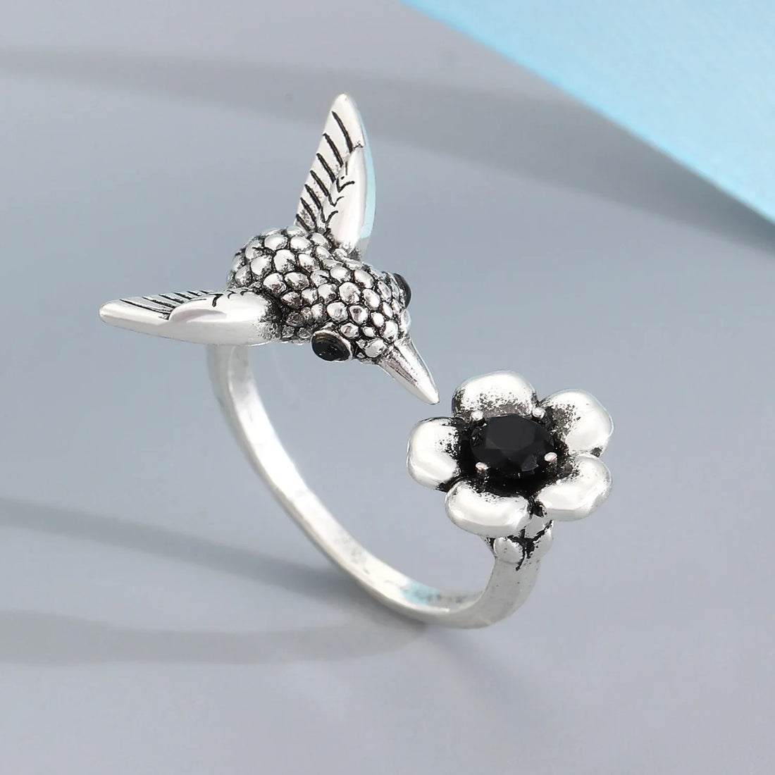 Hummingbird & Flower Ring | Adjustable Open Bird Ring for Women
