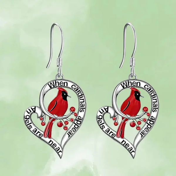 Cardinal Memorial Earrings | “When Cardinals Appear, Angels Are Near” Heart Drop Design