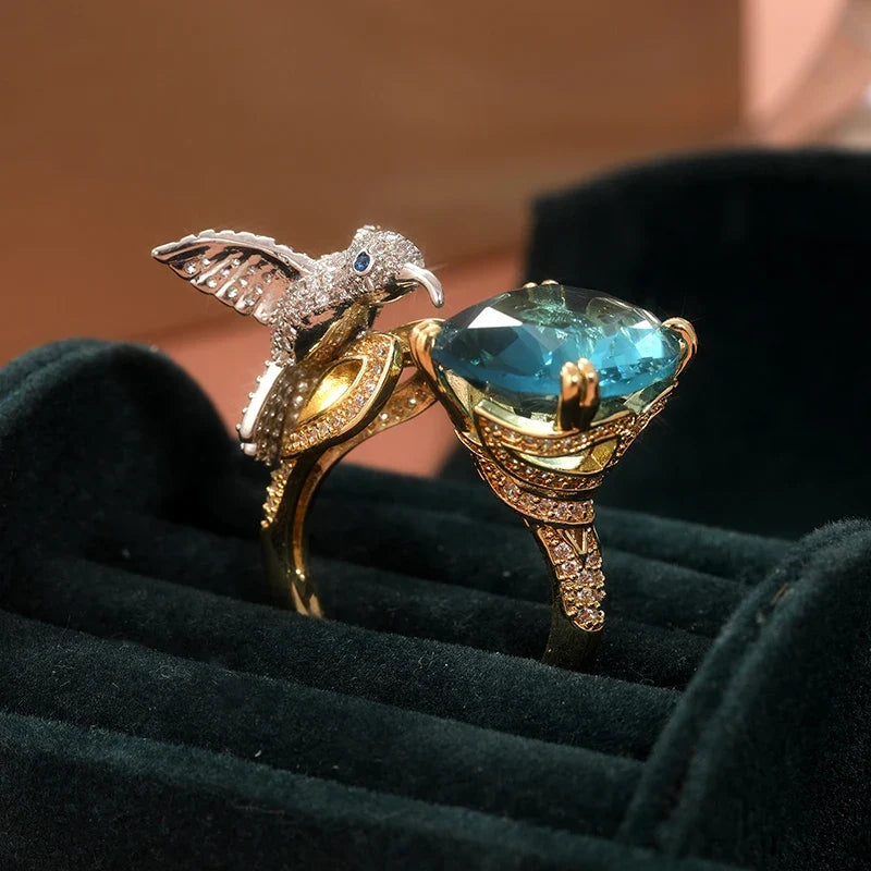 Adjustable Aquamarine-Color Hummingbird Ring | 14K Gold Plated