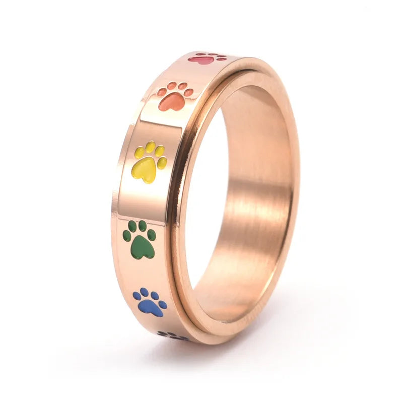 Spinning Stress Reducing Paw Ring | Stainless Steel with Rainbow Paws