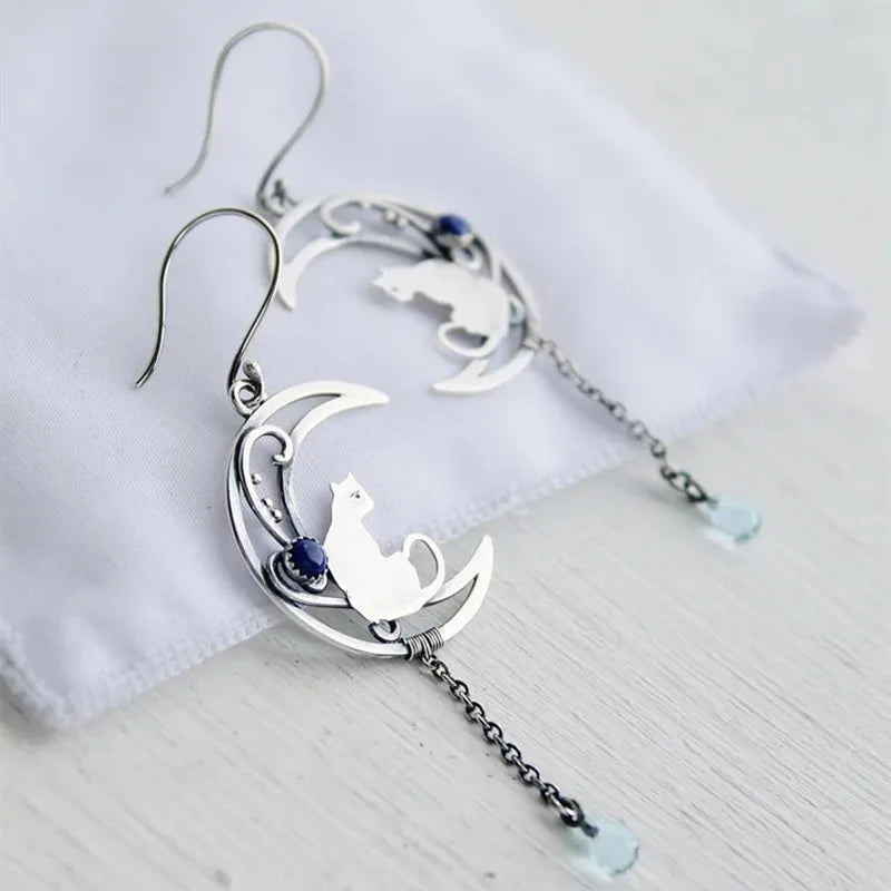 Moonlight Cat Earrings | Vintage Crescent Design with Lapis Lazuli Gemstone