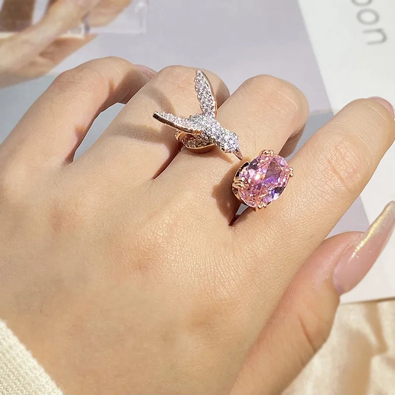 Adjustable Hummingbird Gemstone Ring | Zircon, 14K Gold Plated