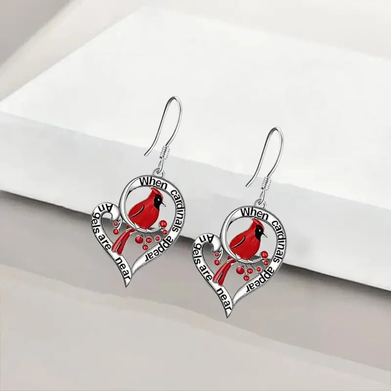 Cardinal Memorial Earrings | “When Cardinals Appear, Angels Are Near” Heart Drop Design