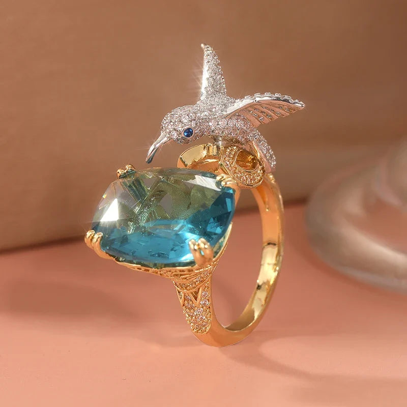 Adjustable Aquamarine-Color Hummingbird Ring | 14K Gold Plated