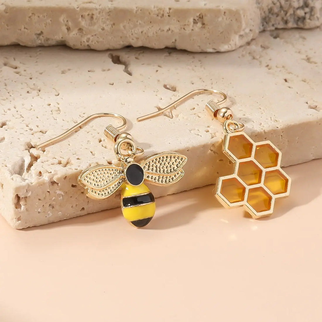 Honeycomb & Bee Drop Earrings | Gold Tone Jewelry for Women