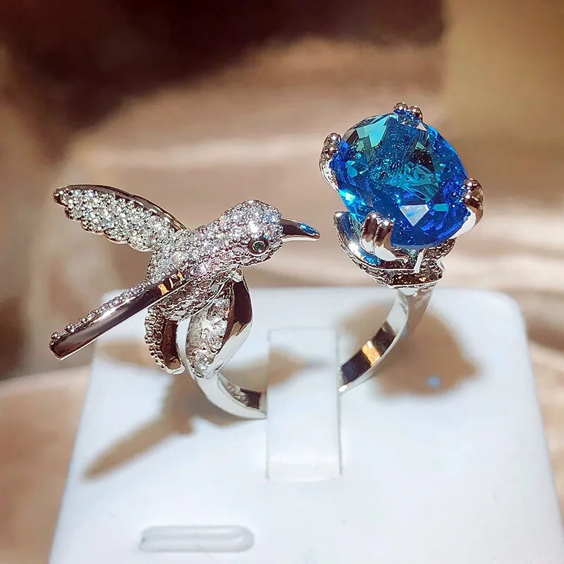 Adjustable Hummingbird Gemstone Ring | Zircon, 14K Gold Plated