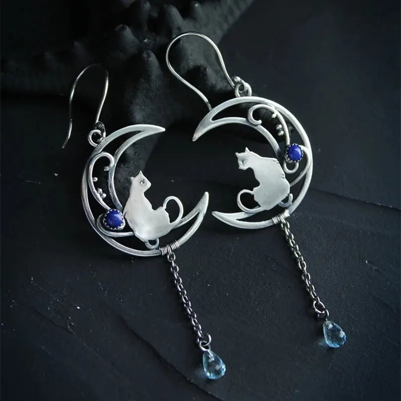 Moonlight Cat Earrings | Vintage Crescent Design with Lapis Lazuli Gemstone