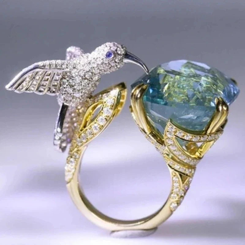 Adjustable Aquamarine-Color Hummingbird Ring | 14K Gold Plated