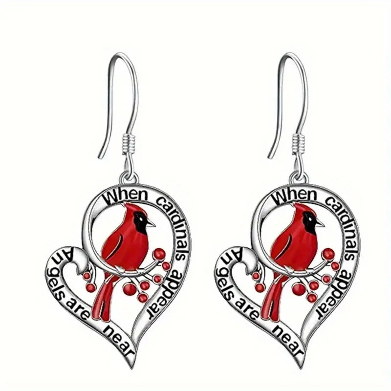 Cardinal Memorial Earrings | “When Cardinals Appear, Angels Are Near” Heart Drop Design