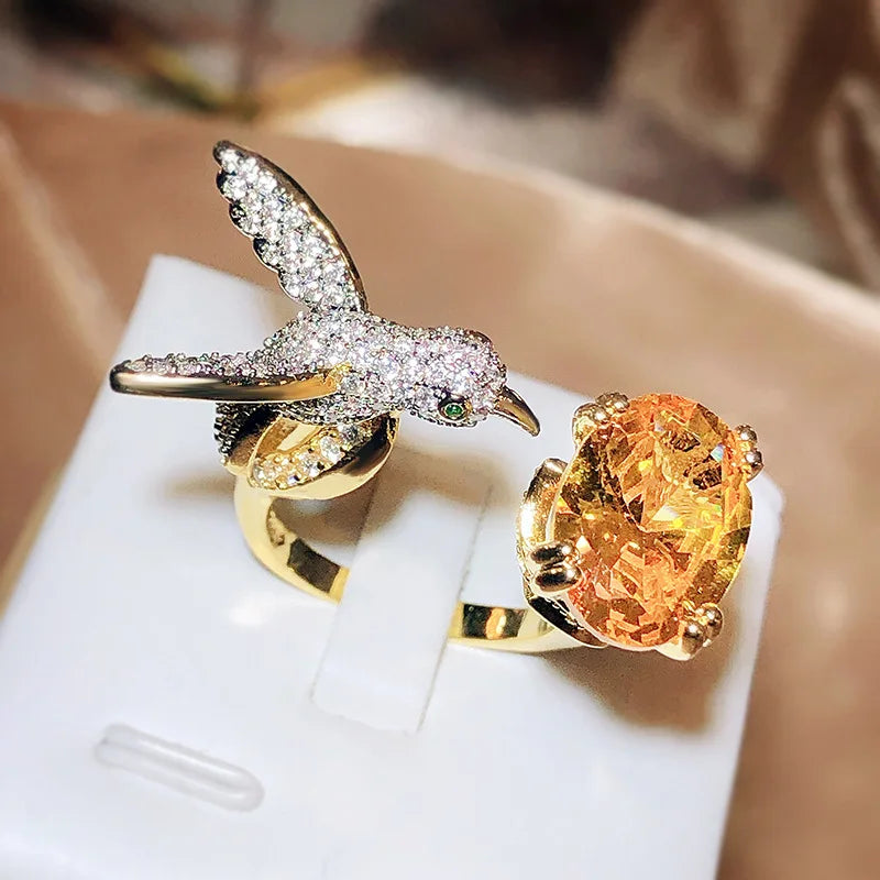 Adjustable Hummingbird Gemstone Ring | Zircon, 14K Gold Plated