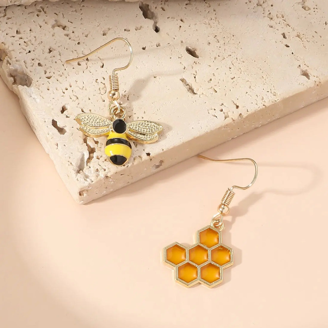Honeycomb & Bee Drop Earrings | Gold Tone Jewelry for Women