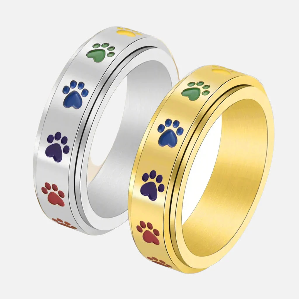 Spinning Stress Reducing Paw Ring | Stainless Steel with Rainbow Paws