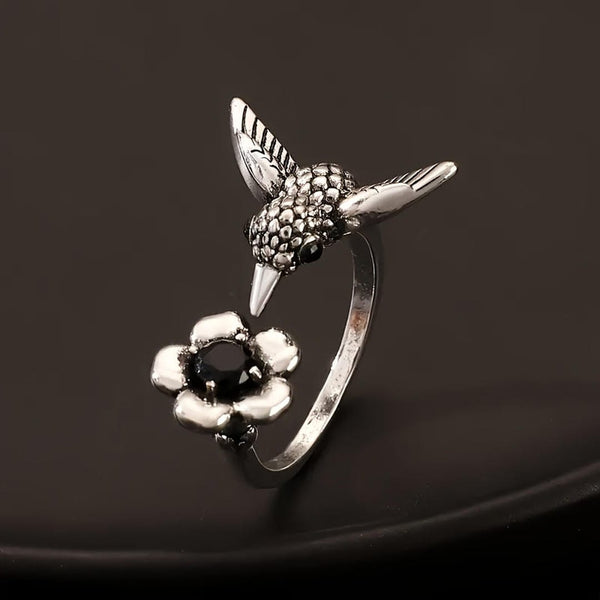 Hummingbird & Floral Stone Adjustable Ring