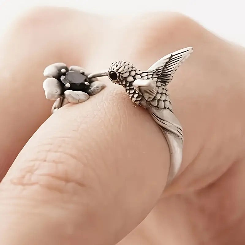 Hummingbird & Flower Ring | Adjustable Open Bird Ring for Women