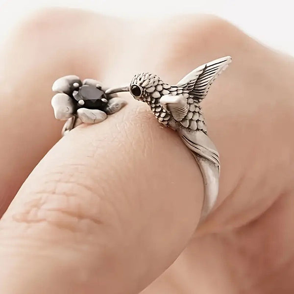 Hummingbird & Flower Ring | Adjustable Open Bird Ring for Women