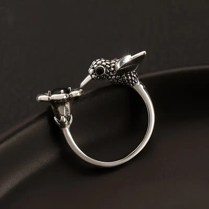 Hummingbird & Flower Ring | Adjustable Open Bird Ring for Women