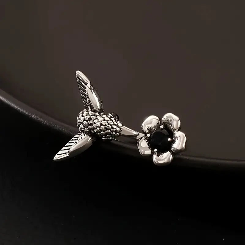 Hummingbird & Flower Ring | Adjustable Open Bird Ring for Women