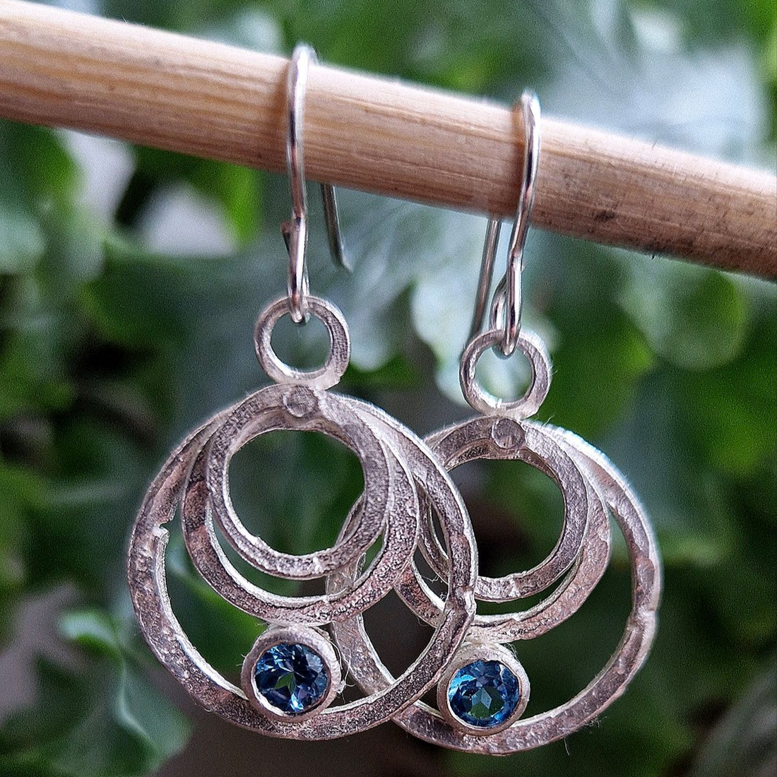 Vintage Circle & Blue Crystal Silver Earrings