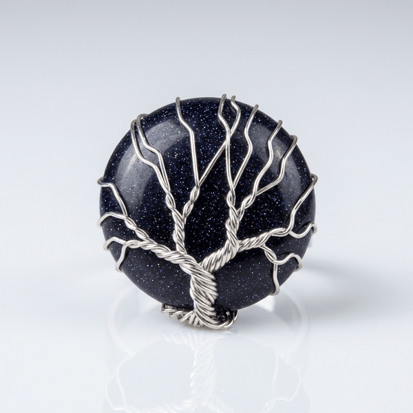 Tree Of Life Blue Sandstone Silver Ring - (Adjustable)