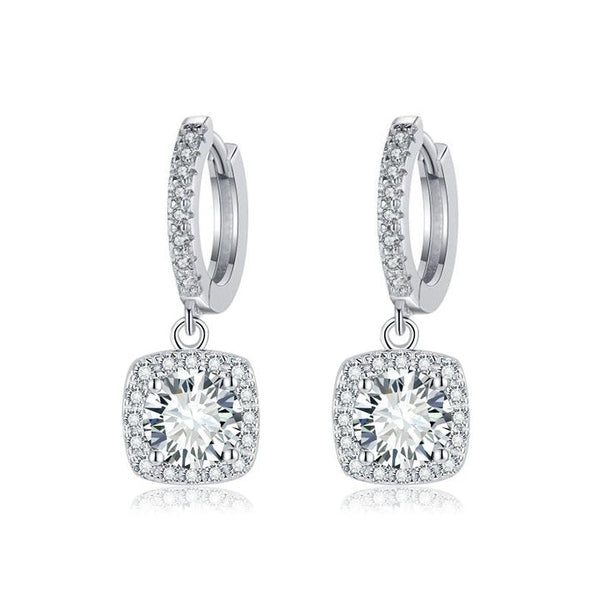 Square Halo Drop Earrings | White Gold