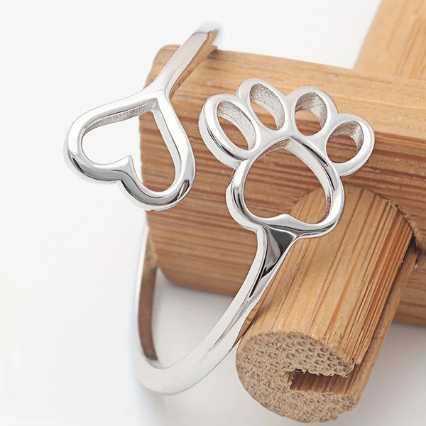 Handcrafted Paw & Heart Ring | Adjustable 925 Sterling Silver