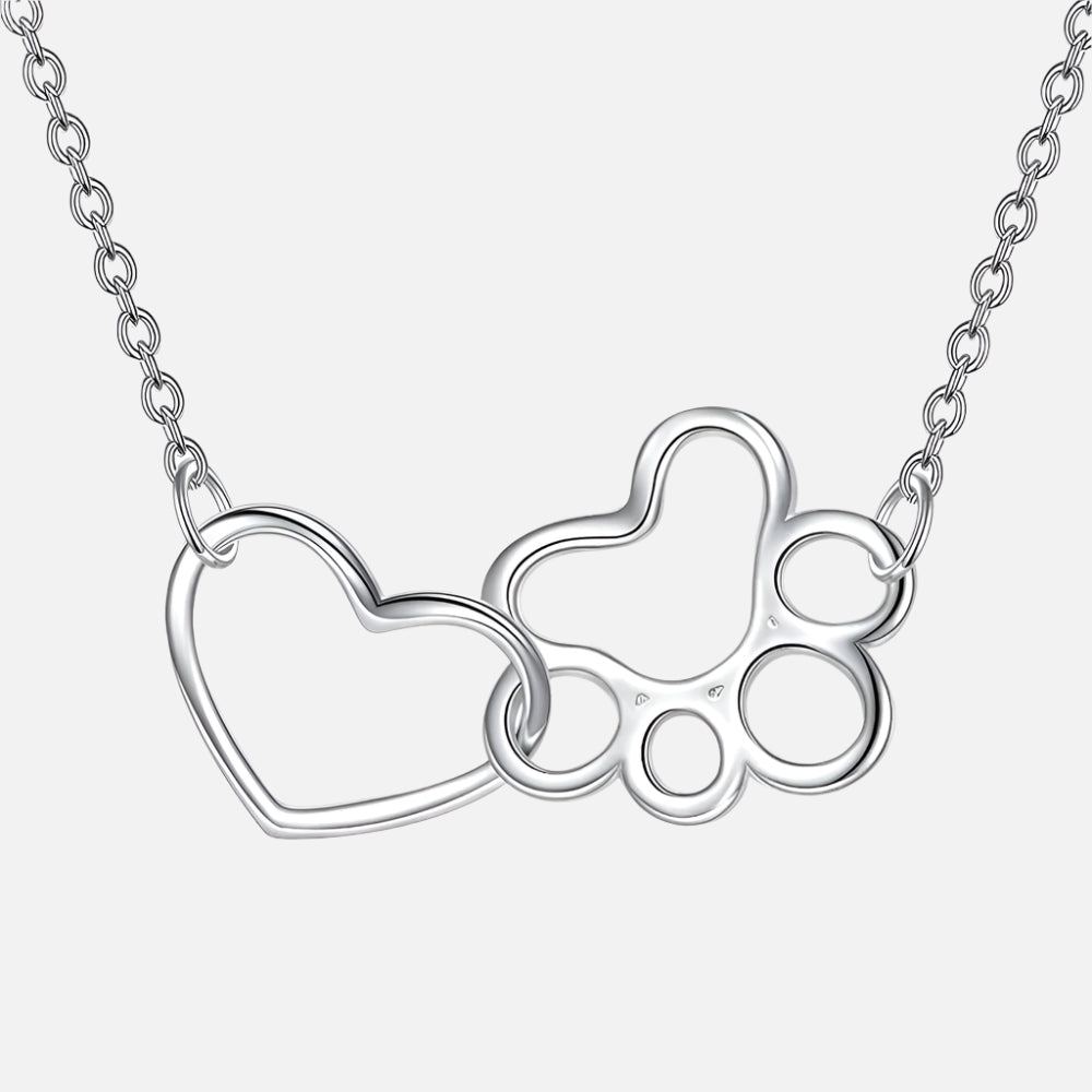 Sterling Silver Paw Print Necklace | Heart Crystal Pendant