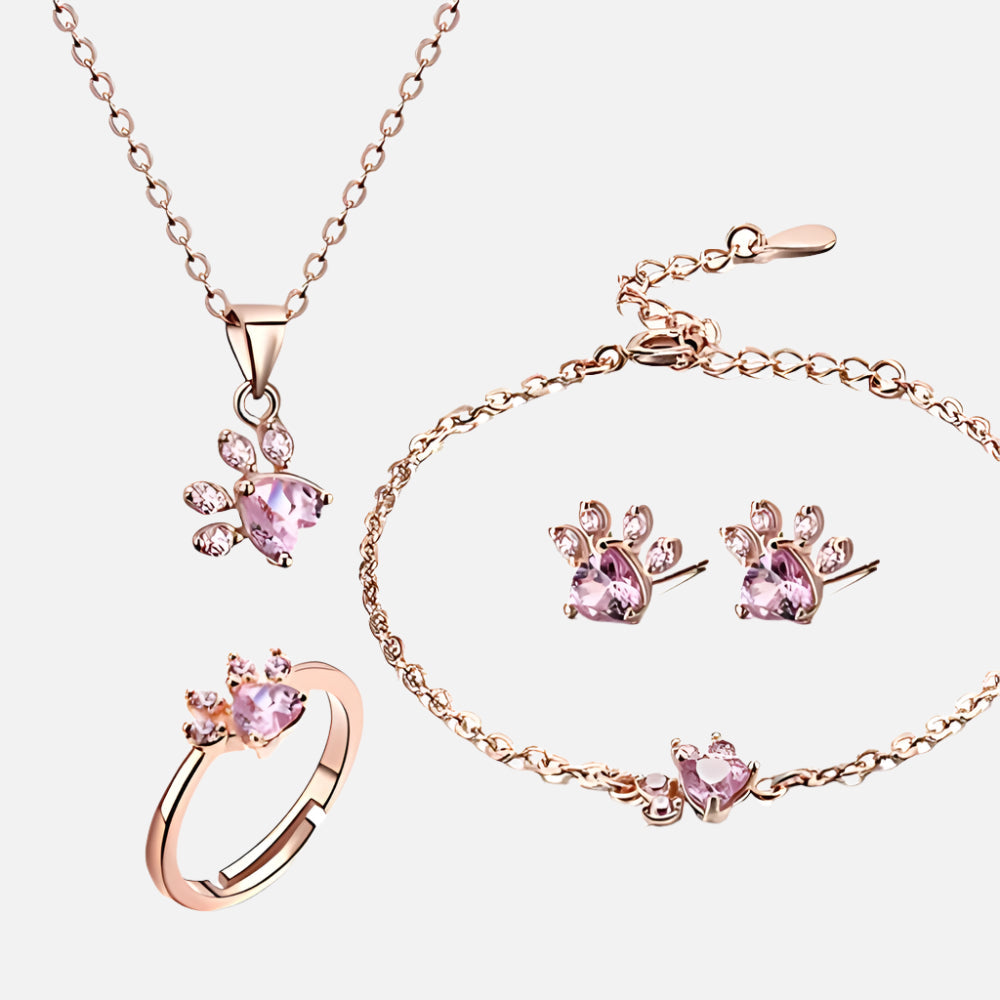 Rose Gold Paw Jewelry Set | 4 Pieces with Zirconia Heart (Ring, Necklace, Earrings, Bracelet)