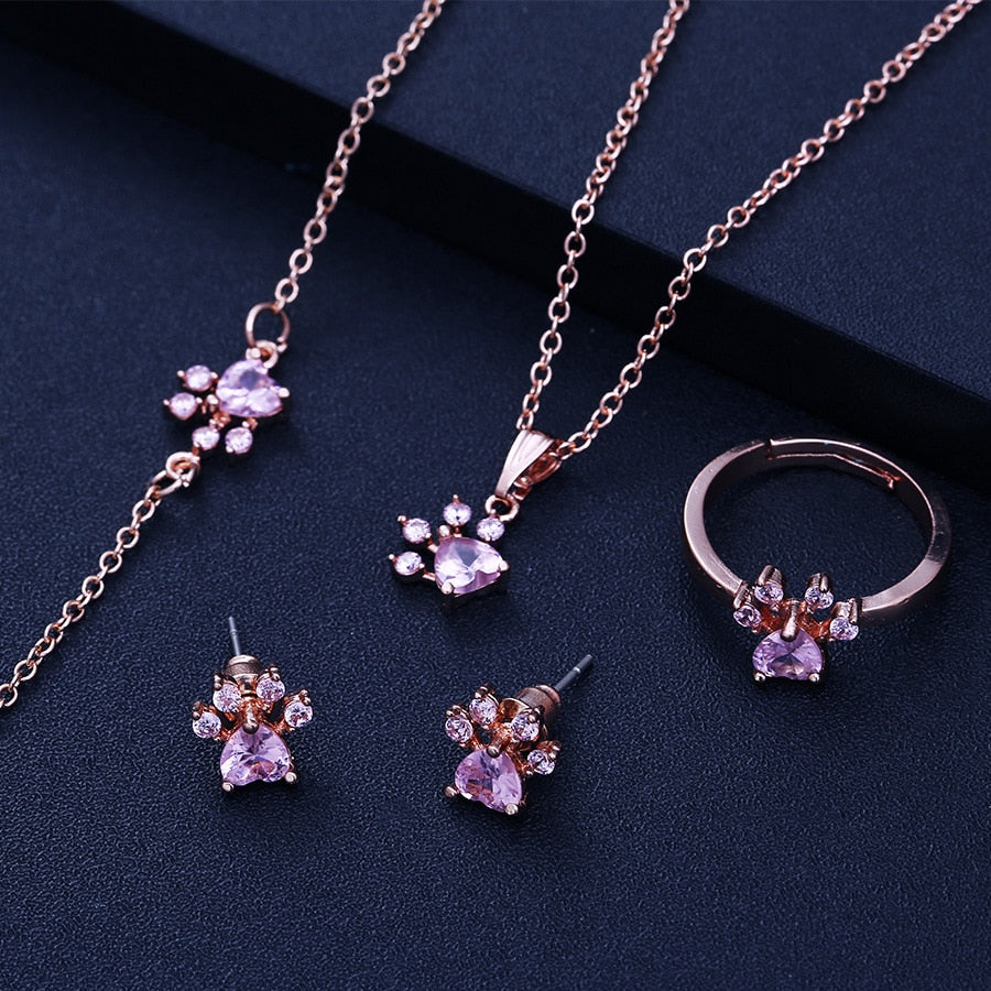 Rose Gold Paw Jewelry Set | 4 Pieces with Zirconia Heart (Ring, Necklace, Earrings, Bracelet)