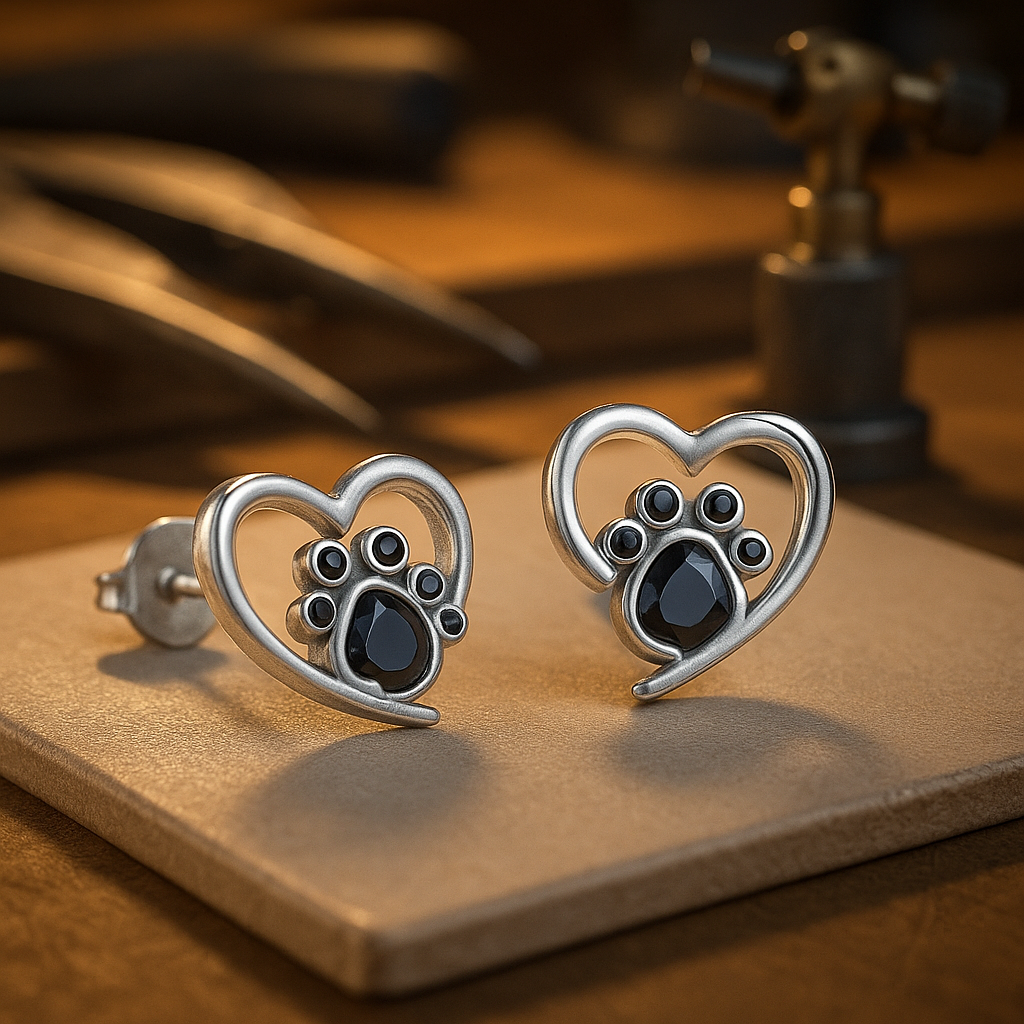 Heart Paw Stud Earrings | Silver with Black Enamel