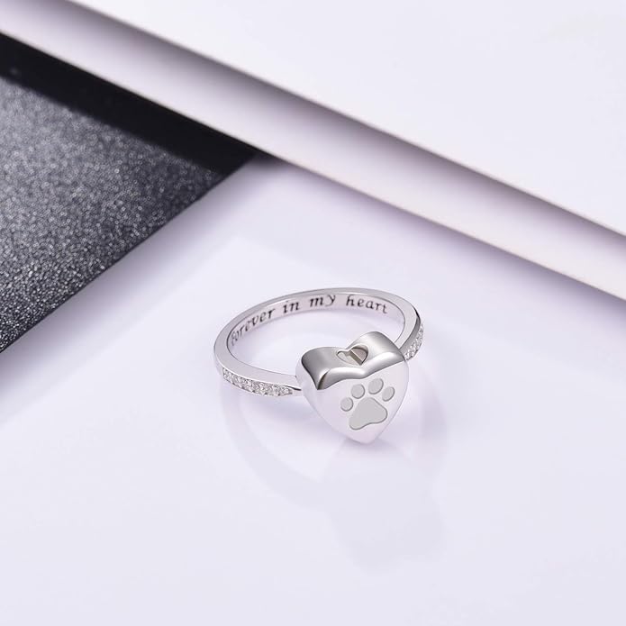Love Heart Paw Print Urn Ring | Pet Memorial Cremation Jewelry